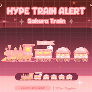 Peut inclure: Illustration rose d'un train nommé "Sakura Train" avec le texte "HYPE TRAIN ALERT". Le train comprend une locomotive, un wagon avec un drapeau Niveau 3 et trois wagons avec des décorations florales roses. Le texte "7 alerts Included!" est inclus.