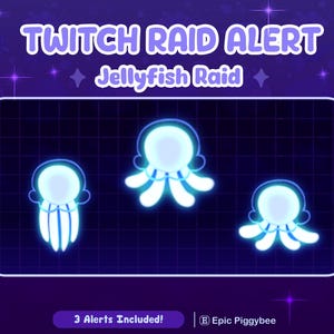 Könnte beinhalten: Eine digitale Grafik mit dem Text TWITCH RAID ALERT und Jellyfish Raid in weißer Schrift auf dunkelviolettem Hintergrund. Drei leuchtende weiße Quallen-Symbole mit blauen Umrissen sind in einem zentralen, gitterartigen Rahmen dargestellt.