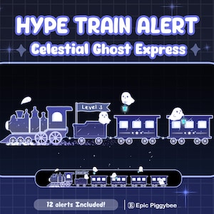Może przedstawiać: Grafika cyfrowa przedstawiająca pociąg z pasażerami-duchami, zatytułowana "Celestial Ghost Express". Tekst "HYPE TRAIN ALERT" znajduje się na górze. Wagony są niebiesko-białe, z napisem "Level 3" na fladze. Obraz zawiera tekst "12 alerts Included!"