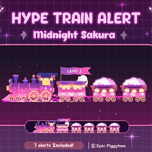 Könnte beinhalten: Eine digitale Grafik mit einem Zug in Rosa- und Lilatönen, mit dem Text "HYPE TRAIN ALERT" und "Midnight Sakura". Der Zug hat mehrere Waggons und eine Flagge mit der Aufschrift "Level 3".