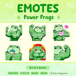 Puede incluir: Un conjunto de seis emotes de Power Frogs verdes. Cada rana musculosa posa de diferentes maneras, incluyendo flexionar, sostener un corazón y beber. El texto "EMOTES Power Frogs" está en la parte superior. Incluye varios tamaños.