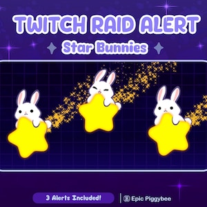 Peut inclure: Un graphique numérique avec le texte TWITCH RAID ALERT et Star Bunnies. Trois lapins blancs de dessin animé tiennent des étoiles jaunes brillantes avec des traînées dorées scintillantes sur un fond violet à grille. Texte 3 Alerts Included! inclus.