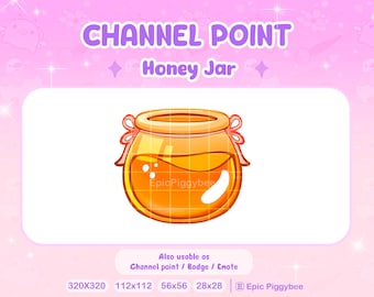 Könnte beinhalten: Eine Cartoon-Illustration eines Honigtopfs mit einem rosa Band und einem gelben Deckel. Der Topf ist mit Honig gefüllt und hat einen weißen Hintergrund. Der Text "CHANNEL POINT Honey Jar" befindet sich über dem Topf. Der Text "Also usable as Channel point / Badge / Emote" befindet sich unter dem Topf. Der Text "320X320 112x112 56x56 28x28 E Epic Piggybee" befindet sich unter dem Text.