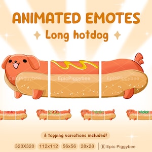 May include: Animated emote of a hot dog with a cute dog face. The hot dog is segmented into three parts, with mustard on the middle section. There are six variations of the emote with different toppings, including ketchup, relish, and onions. The emote is available in four sizes: 320x320, 112x112, 56x56, and 28x28. The text "Epic Piggybee" is also included in the image.