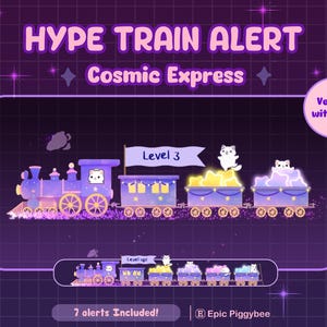 Alerta de trem Cat Cosmic Hype para streaming no Twitch | Noite mágica e fofa roxa | estrela de cristal celestial | Sobreposição de decoração estética aconchegante