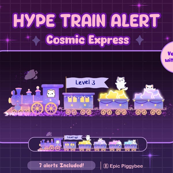 Cat Cosmic Hype train alert for twitch streaming | Purple Cute magical night | crystal star celestial | cozy aesthetic decoration Overlay