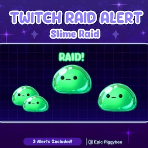 以下が含まれることがあります： TWITCH RAID ALERT、Slime Raid、RAID!というテキストが書かれたTwitchレイドアラート用デジタルグラフィック。濃い紫色のグリッド背景に、シンプルな黒い目と口を持つ4体の明るい緑色の半透明なスライムのキャラクターが描かれています。