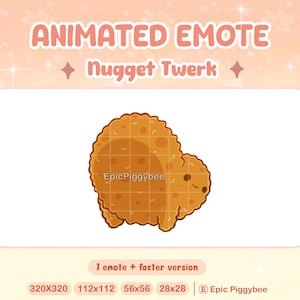 Puede incluir: Emoticón animado con un nugget de dibujos animados con una cara sonriente, en tonos marrones y beige. El texto "Nugget Twerk" está encima del nugget. La imagen incluye el texto "1 emote + versión más rápida" y varias dimensiones.