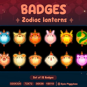 May include: Set of 12 colorful Chinese zodiac lantern badges. Each badge features a different animal from the zodiac, including the rat, ox, tiger, rabbit, dragon, snake, horse, goat, monkey, rooster, dog, and pig. The badges are in various sizes, including 320x320, 72x72, 36x36, and 18x18 pixels. The badges are designed by Epic Piggybee.