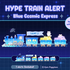 May include: A digital illustration of a blue train labeled "Blue Cosmic Express" with the text "HYPE TRAIN ALERT." The train cars are filled with stars and cats. The image includes the text "Level 3" and "7 alerts Included!"