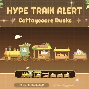 Könnte beinhalten: Illustration eines skurrilen Zuges mit Enten als Passagieren. Die Waggons sind gelb, grün und braun, mit floralen Akzenten. Der Text "Hype Train Alert" und "Cottagecore Ducks" stehen oben. Der Text "12 alerts Included!" ist enthalten.