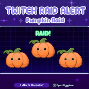 May include: A digital Twitch raid alert graphic featuring the text TWITCH RAID ALERT and Pumpkin Raid. The design includes three orange pumpkins with green stems and simple black facial features, with the word RAID! above the center pumpkin.