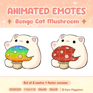 Bongo Cat Mushroom Animated Emote for Twitch Discord | Cute Kitten Mushroom Bounce | Kawaii Rainbow | Funny Stream Alert Meme | White Kitty