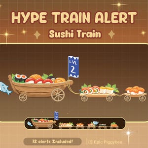 May include: Illustration of a sushi train with the text "HYPE TRAIN ALERT" and "Sushi Train". The train is made up of a wooden boat filled with sushi, followed by carts of sushi rolls and nigiri.