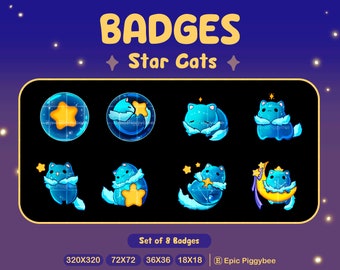 Blue Star Cat Badges for Twitch Discord Youtube | Cute Celestial Kitten | Kawaii Cosmic Kitty | Sub Bit Badge Moon Stream Icon Channel point