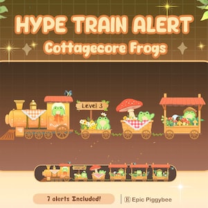 May include: Illustration of a whimsical train with frog passengers, labeled "Hype Train Alert" and "Cottagecore Frogs." The train cars feature a mushroom, flowers, and a "Level 3" sign. A smaller train version is below, with the text "7 alerts Included!"