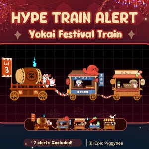 May include: A digital illustration of a Yokai Festival Train with three themed carts. The text "HYPE TRAIN ALERT" and "Yokai Festival Train" are displayed at the top. The image includes a banner that says "Lvl 3" and "7 alerts Included!"