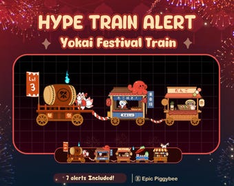 May include: A digital illustration of a Yokai Festival Train with three themed carts. The text "HYPE TRAIN ALERT" and "Yokai Festival Train" are displayed at the top. The image includes a banner that says "Lvl 3" and "7 alerts Included!"