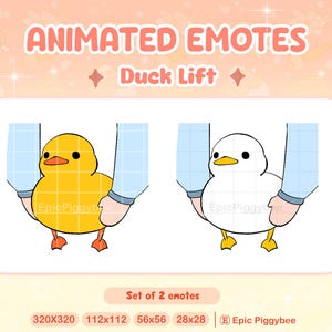 Può includere: Set di emote animate di un'anatra gialla e un'anatra bianca sollevate da due mani. Il testo "Duck Lift" è sopra le anatre. Il testo "Set of 2 emotes" è sotto le anatre. Il testo "320X320 112x112 56x56 28x28" è sotto il testo "Set of 2 emotes". Il testo "Epic Piggybee" è a destra del testo "28x28".