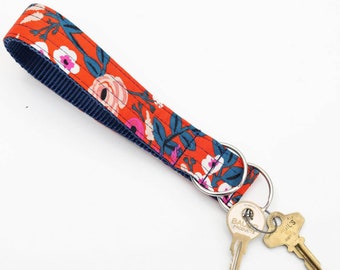 SCARLET Floral Keychain | Rifle Paper Co Canvas| Wristlet Key Fob | Pattern Keychain Match Your Dog | Red Navy Peach Pink Floral Pattern