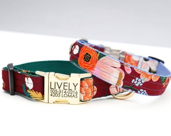 LIVELY WINE Floral Dog Collar | Rifle Paper Co. | Custom Pet Collar | Personalized Engraved Buckle Collar | Botanical Flowers Poppy Print