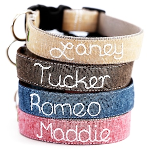 Hand Embroidered Linen Dog Collar Personalized with your dog&#39;s name (6 Colors)