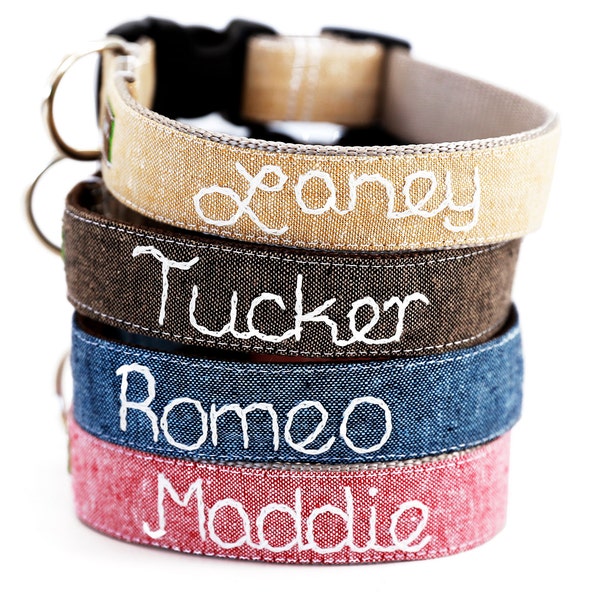 Hand Embroidered Linen Dog Collar Personalized with your dog's name (6 Colors)