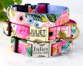 JULIET CREAM Lichte Achtergrond Bloemen | Gegraveerde gesp hondenhalsband w Rifle Paper Co. Voile stof | Leuke gepersonaliseerde ID-tag gegraveerde gesp