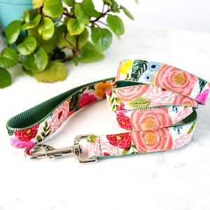 JULIET CREAM Light Background Floral Rifle Paper Co. Fabric Dog Leash - 4', 5' or 6' - Cute Colorful Flowers Dog Leash