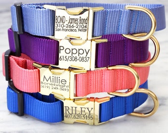 GOLD Zinc Buckle Engraved Dog Collar | Personalized Collar 27 Nylon Colors | Monogram ID Buckle Name Tag Dog Collar | Colorful Safety Collar