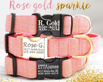 Rose Gold Dog Collar - Personalized Collar + Engraved Buckle  - Pink Linen Collar - Gold Dog Collar - Glitter dog Collar - Strawberry Nylon