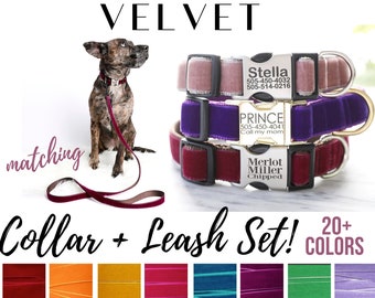 20+ Colors! VELVET Dog Collar & Leash MATCHING Set | Soft Luxe Velvet Collar | Fancy Dog Collar | Personalized Engraved Metal Buckle