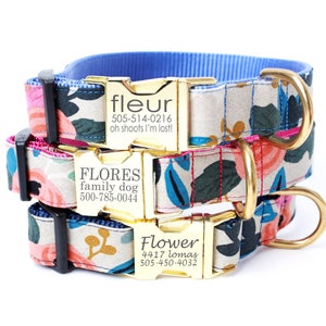 Engraved Buckle Dog Collar w Rifle Paper Co. Canvas Fabric 'FLEUR' NATURAL - Personalized with 3 Webbing Colors to Choose From