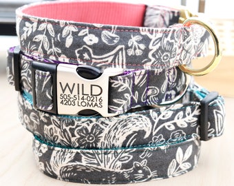 WILDWOOD Black & White Canvas Dog Collar - Modern Woodland Pattern  - Personalized Engraved Buckle Collar - Floral Rifle Paper Co.