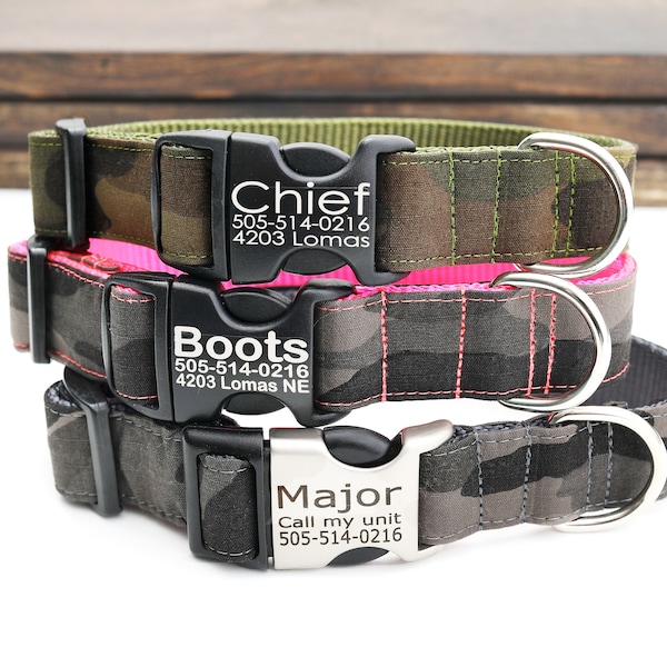 CAMO Tough Canvas Dog Collar | Personalized Engraved Buckle ID Tag | Hunting Army Military | Grey or Green Camouflage