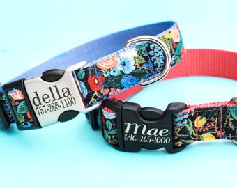 Collar para perro MAE con diseño floral dulce / Collar de algodón para mascotas de Rifle Paper Co. / Etiqueta de identificación con hebilla grabada personalizada / Lindo collar bohemio con estampado de flores silvestres para perro.