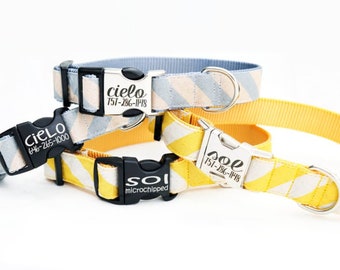 SOL or CIELO Striped Yellow or Blue Cabana Dog Collar | Rifle Paper Co Fabric Collar | Stripe Beach Pattern Canvas | Engraved Dog ID Buckle