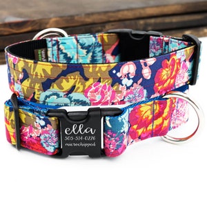 WIDE Dog Collar | 1.5&quot; Inch Wide Collar | ELLA Floral Cotton Cute Feminine Dog Collar | Large Breed Custom Engraved Buckle | Big Dog Collar