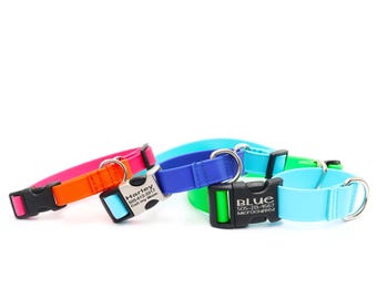 Collar de entrenamiento Martingala de biotano ligero y bicolor para perros: impermeable y con hebilla grabada.