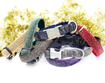 Starlight Glitter Velvet Dog Collar — Holiday Style | Laser Engraved Buckle Dog ID Collar | Festive Christmas Collar