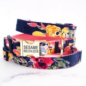 MAIZIE Floral Flannel Dog Collar | Engraved Buckle Personalized to Your Dog | Cute ID Tag | Fall Dog Collar | Floral Dog Collar