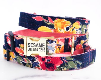 MAIZIE Blumen Flanell Hundehalsband | Gravierte Schnalle für Ihren Hund | Niedliches ID-Tag | Herbst Hundehalsband | Floral Hundehalsband
