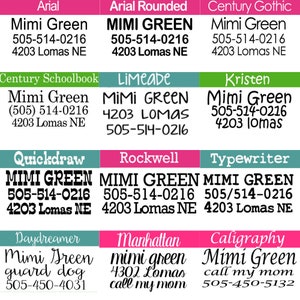Op de afbeelding: Een grafiek met verschillende lettertypen en namen, die telefoonnummers en adressen voor Mimi Green laat zien. De lettertypen omvatten Arial, Arial Rounded, Century Gothic, Century Schoolbook, Limeade, Kristen, Quickdraw, Rockwell, Typewriter, Daydreamer, Manhattan en Calligraphy.