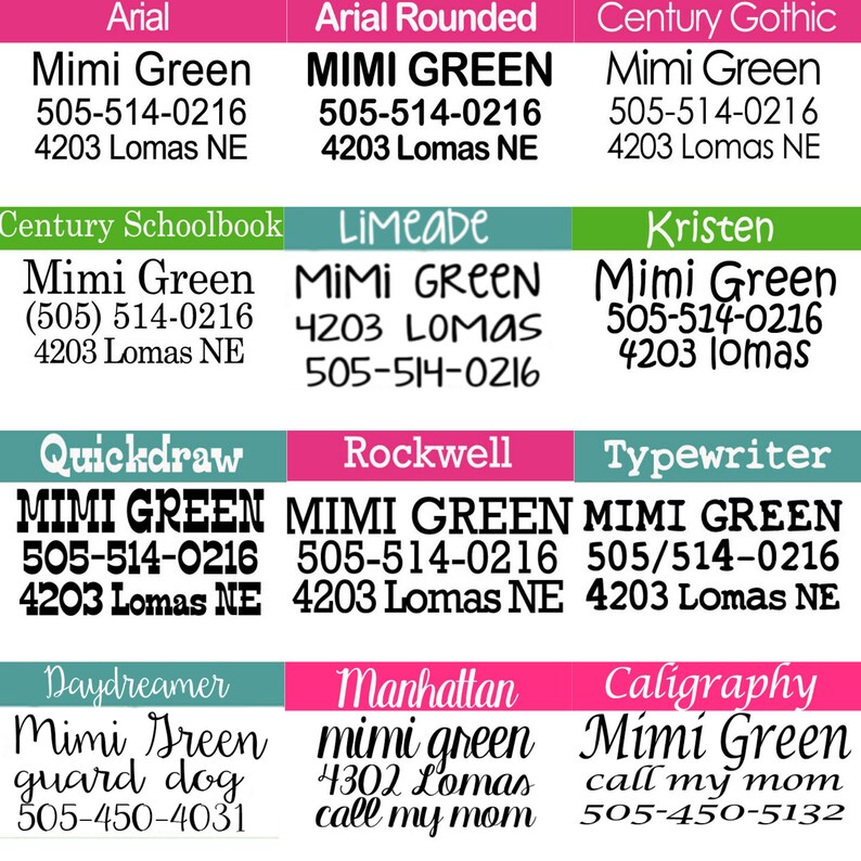 Op de afbeelding: Een grafiek met verschillende lettertypen en namen, die telefoonnummers en adressen voor Mimi Green laat zien. De lettertypen omvatten Arial, Arial Rounded, Century Gothic, Century Schoolbook, Limeade, Kristen, Quickdraw, Rockwell, Typewriter, Daydreamer, Manhattan en Calligraphy.