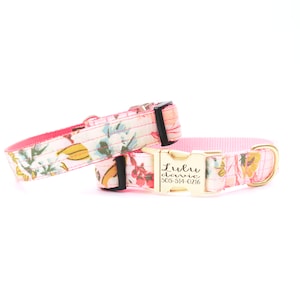 LULU Pink Floral Cotton Dog Collar | Engraved Buckle Personalized to Your Dog | Cute ID Tag | Spring Dog Collar