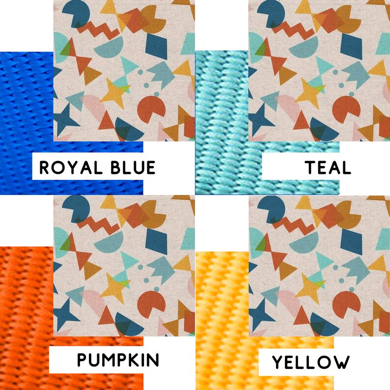 Op de afbeelding: Vier stofstalen met geometrische patronen in verschillende kleuren. De stalen zijn gelabeld met "Royal Blue", "Teal", "Pumpkin" en "Yellow".