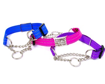 Personalisierte Nylon Reflektierende Martingale Kette Hundehalsband mit graviertem Namensschild | 11 reflektierende Gurtbandfarben | Limitierter Slip Kragen