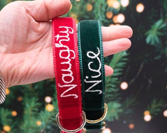 Collare per cani in velluto Naughty or Nice - Natale - Ricamato a mano - Lista di Babbo Natale, Rosso, Verde