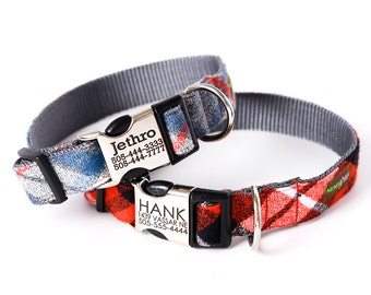 Pijama de franela personalizado con collar grabado a láser y hebilla de metal. Collar a cuadros para perro. Collar de invierno para perro. Collar de franela azul o roja para perro.