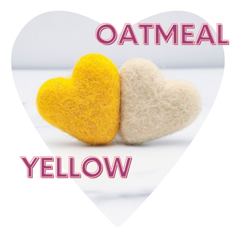 May include: Two felt hearts, one yellow and one oatmeal, on a white background. The word "YELLOW" is below the yellow heart and the word "OATMEAL" is above the oatmeal heart.